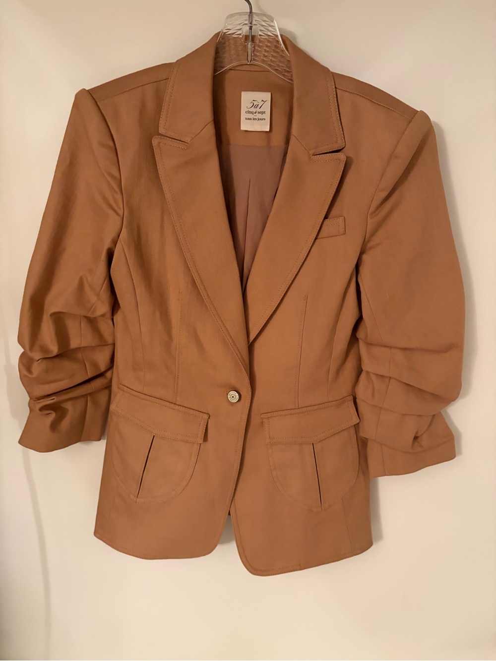 cinq a sept Khloe Blazer Jacket Single-Button Ruched Sleeves Camel Size 4 New